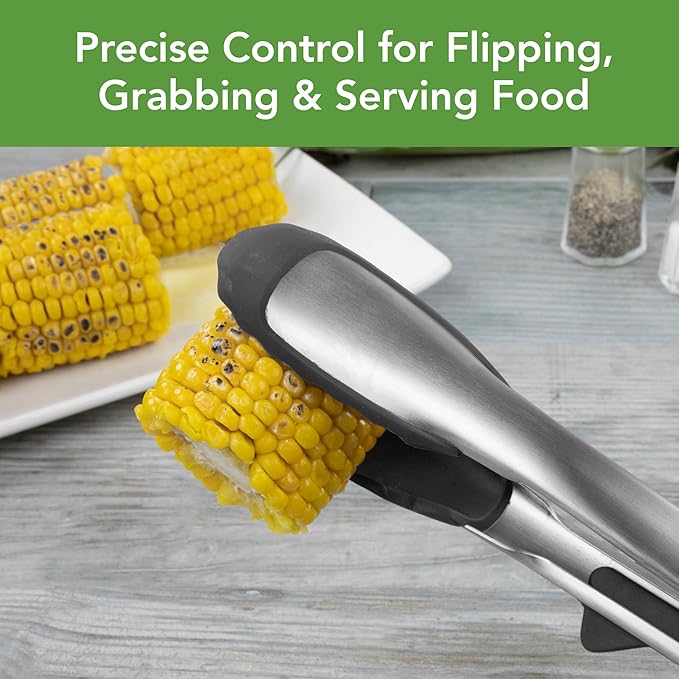 Tovolo Tongs With Silicone Tips Easy Grip 13” Long Kitchen Tongs Stainless Steel Handle For Cooking BBQ, Non Scratch Heat Resistant Locking Metal Tongs Silicone Tipped Dishwasher Safe BPA Free, Black
