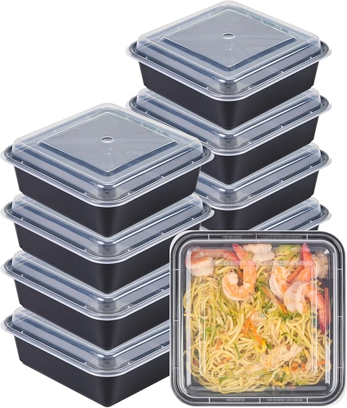 Restaurantware Take Out Containers 100 Pack of 32 oz with Clear Lids Microwave-Safe Disposable Plastic Food Storage Containers Stackable Greaseproof Black Meal Prep Square Single Compartment