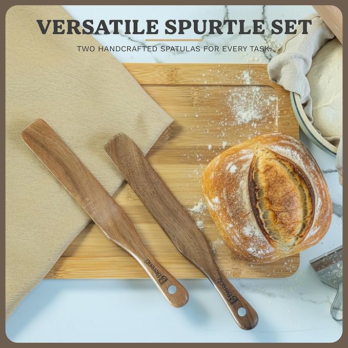 Pack 02 Wooden Spurtle Spatulas for Sourdough Starter, Mixing & Reaching Bottom of Jars – 100% Acacia Wood Dough Whisk & Jar Spatula, Non-Stick Safe Kitchen Tools for Baking, Cooking, and Spreading