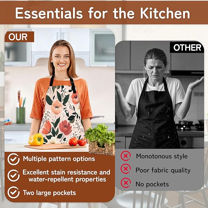 Apron with Pockets for Women, Adjustable Kitchen Cooking BBQ Chef Apron, Gifts for Mom Birthday, or Holidays