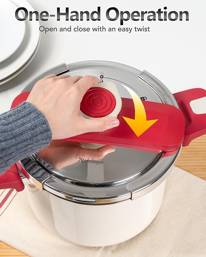 MICHELANGELO Pressure Cooker Stainless Steel 6.3 Quart, 3-in-1 Pressure Pot, One-Hand Locking System, Olla de Presion Colorful Design, Induction Compatible, with Glass Lid & Steamer