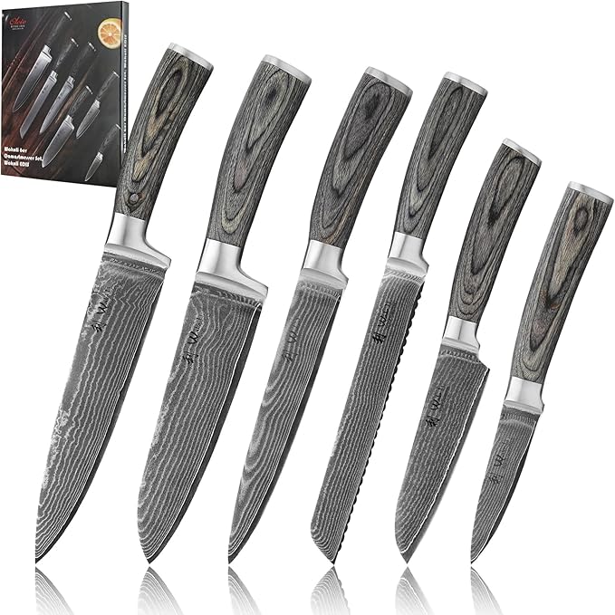 Wakoli EDIS 6-Piece Damascus Kitchen Knife Set – Professional Chef Knives Set with VG10 Core Blades, 67-Layer Damascus Steel & Ergonomic Pakkawood Handles – Premium Kitchen Knives in Elegant Gift Box