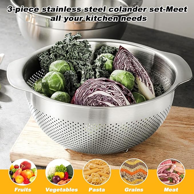 3 Pcs Stainless Steel Colander Strainer Set Metal Colander for Kitchen Pasta Strainer for Rice Food Fruits Spaghetti Vegetables (2QT, 3QT, 5QT)
