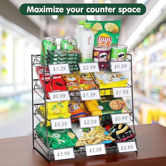 4-Tier Black Stackable Candy Display Rack, Snack Organizer For Countertop, Stores, Offices with 24 Signs and 60 Labels (Black-2 Pack)