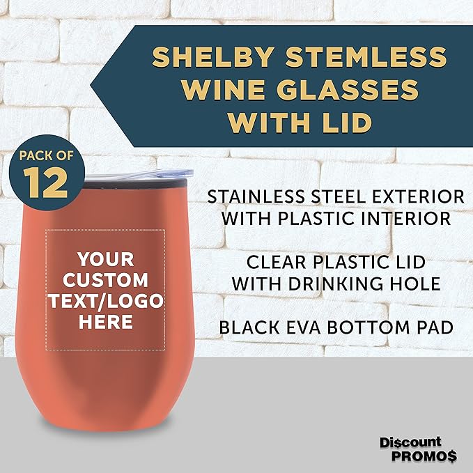 Custom Stemless Wine Tumblers 12 oz. Set of 12, Personalized Bulk Pack - Insulated, Perfect for Wine, Cocktails, Other Hot & Cold Beverages - Rose Gold