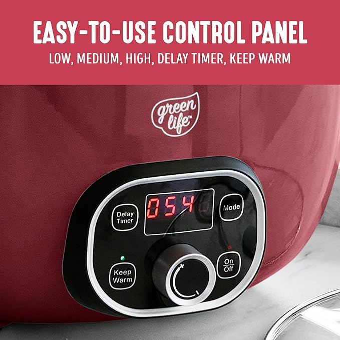 GreenLife 6QT Slow Cooker, Non-Toxic PFAS-Free Ceramic Nonstick Removable Interior Bowl, Programmable, Family Friendly, Keep Warm, Stovetop & Oven Safe, Dishwasher Safe Crock, Timer, Glass Lid, Red