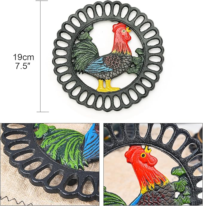 Sungmor Heavy Duty Cast Iron Trivet,Decorative Painting Trivet for Kitchen or Dinning Table,7.5x7.5 Inch - Round with Vintage Lovely Cock Pattern