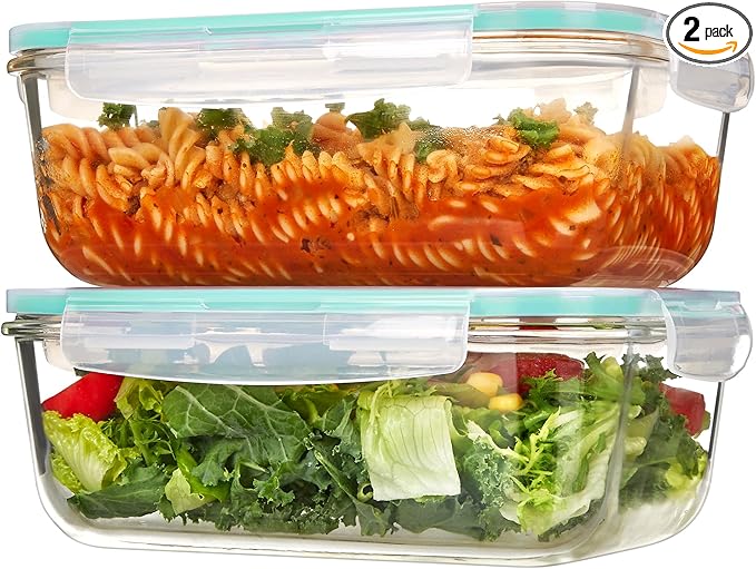 Vtopmart 2Pack 1860ml/63oz Large Glass Storage Containers with Lids, Meal Prep Food Container Set with Snap Airtight Lid for Baking, Microwave, Oven, Leak Proof, for Freezer, Dishwasher, Green