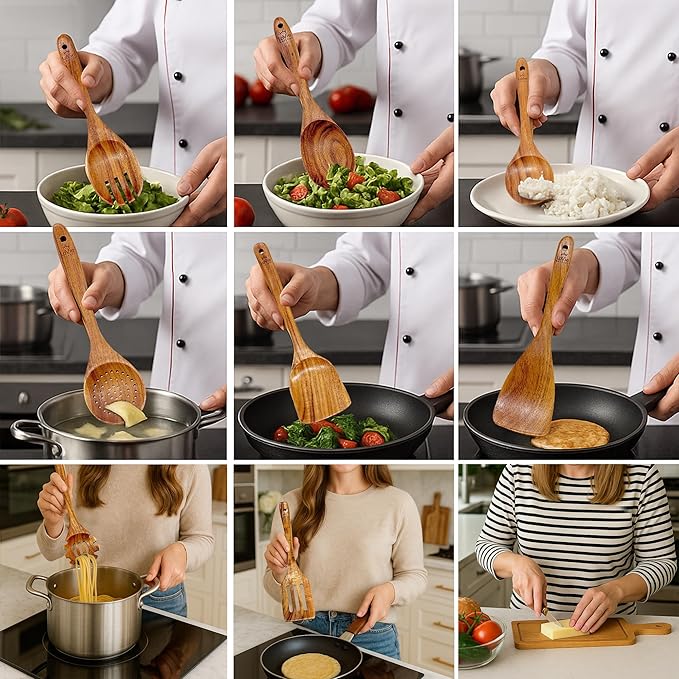 Teak Wooden Cooking Spoons Set -10-Piece Nonstick Cookware - Handmade Wooden Teak-Bamboo Charcuterie Board With Knife - Wooden Kitchen Utensils, Ideal Gift Set For Weeding,Birthday