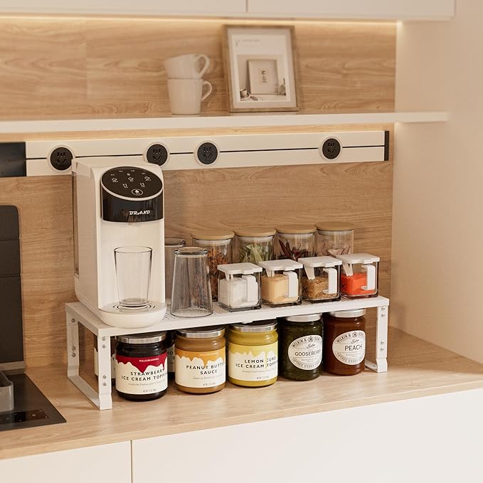 Expandable Spice Rack,Stackable Storage for Cabinet, Multi-Functional Kitchen Shelving,Height-Adjustable,Sustainable Organizer Solution(1Pack/White/Medium)