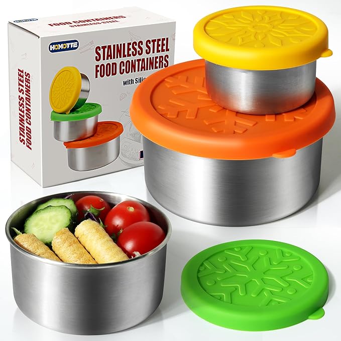 304 Stainless Steel Containers with Lids Small for Lunch Food/Snacks, Leak-Proof and Round Stainless Steel Food Storage Containers for Back to School Kids, 3 Pack Stackable (4oz, 8oz, 14oz)