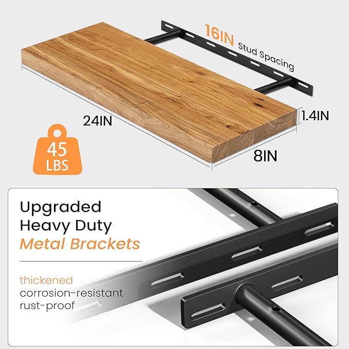 Fun Memories Floating Shelves for Wall Set of 2, Rustic Solid Elm Wood Wall Shelves 24 Inch - Invisible Bracket Mount for Living Room, Bathroom, Bedroom, Kitchen, Natural