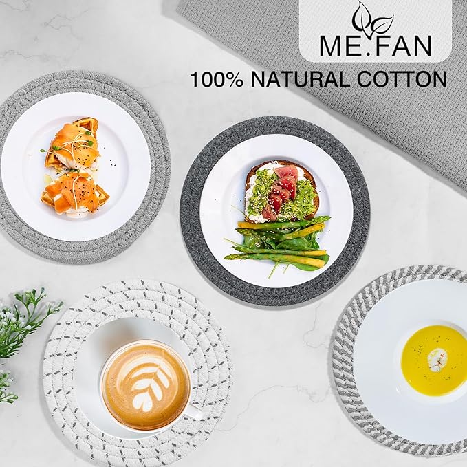 ME.FAN 8 Inch Trivets for Hot Dishs, 8 Set Cotton Thread Weave Trivets for Hot Pans, Potholders, Large Coasters, Hot Pads, Hot Mats to Protect Desktop & Countertop, Kitchen Essentials Grey