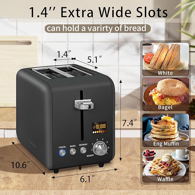 SEEDEEM Toaster 2 Slice, Stainless Steel Toaster LCD Display, 7 Bread Shade Setting, 1.4'' Wide Slots, Bagel/Defrost/Reheat Functions, Removable Crumb Tray, 900W, Dark Chocolate