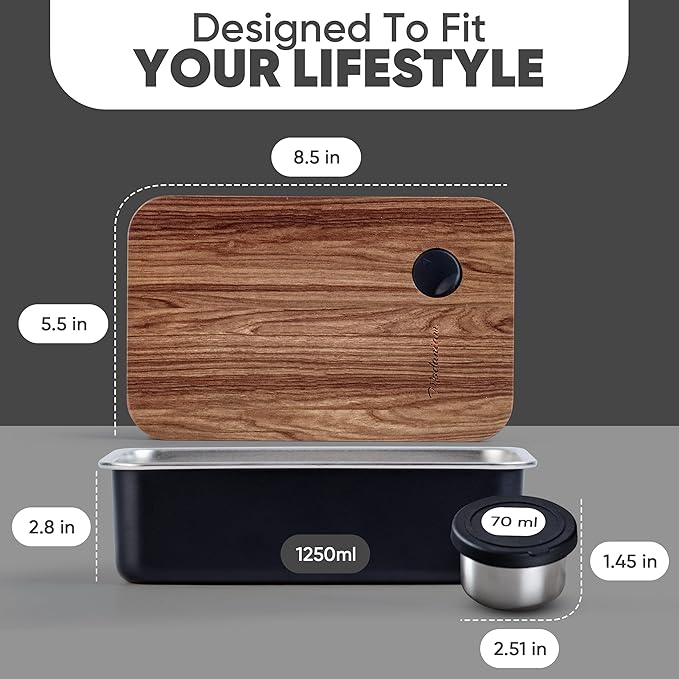 Stainless Steel Bento Box Adult |leak proof| Stainless Steel Lunch Box | Metal Lunch box|Sandwich Lunch Container adult| Food compartments |large|bentobox| Lunchbox| Non toxic Bamboo Lid|Black