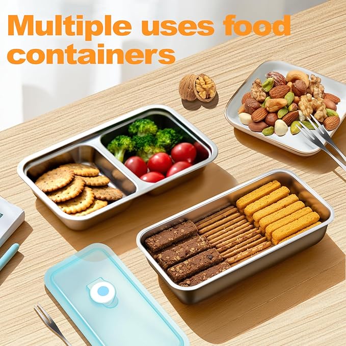 Stainless Steel Snack Containers with Lids, Reusable Bento Lunch Container Box, Food Storage, Leak Proof, Dishwasher-Safe, Grab and Go for Work, 1 Single + 1 Double Compartment