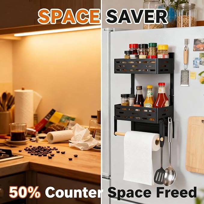 2-in-1 Magnetic Spice Rack & Paper Towel Holder for Fridge - 4 Hooks Kitchen Space Saver, Black Fridge Magnet Organizer