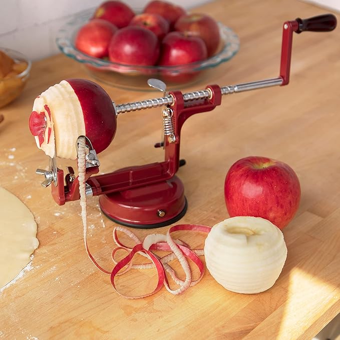 Apple Peeler and Corer - Durable Heavy Duty Chrome Cast Iron w Powerful Countertop Suction, Hand Crank for Fruits, Potatoes or Veggies, Picking Season- Holiday Pie Dessert Baking, Must Have Xmas Gift