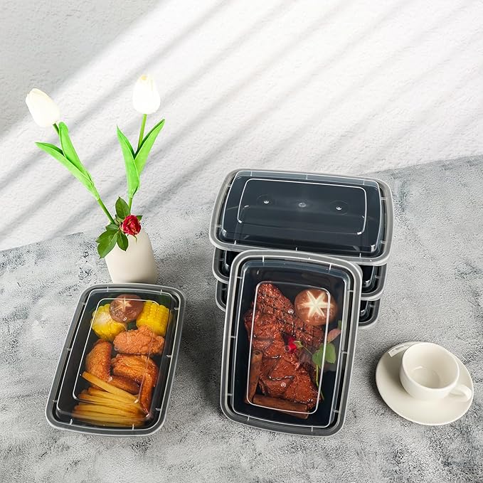 Meal Prep Containers Reusable 50 Pack-32 oz Food Storage Containers with Lids To Go Food Containers Takeout, Microwave Dishwasher Freezer Safe, Stackable, BPA Free, Plastic (Black)