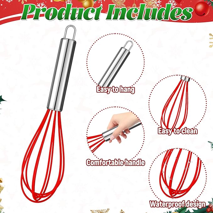 12 Sets 10 Inch Christmas Whisk Baking Gifts, DIY Fillable Christmas Tree Ornaments, Xmas Colored Silicone Whisks for Xmas Employee Neighbor Cooking Supplies Xmas Stocking Stuffers Candy Holder