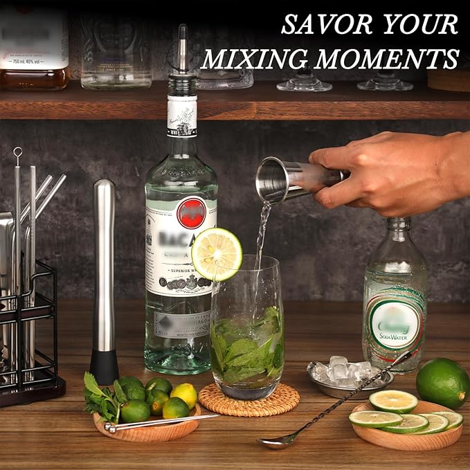 Cocktail Shaker Set with Stand, 20-Piece Complete Bartender Kit for Home & Bar Use, Stainless Steel Bar Set with 25oz Shaker, Bar Accessories and Recipes, Ideal Cocktail Kit for Parties & Gift Giving