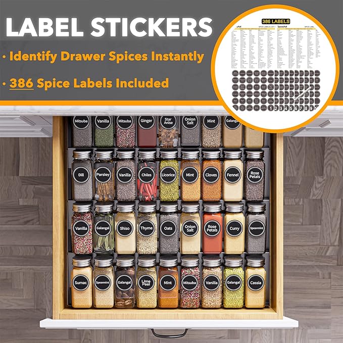 SpaceAid Spice Drawer Organizer with 36 Spice Jars, 386 Spice Labels, 4 Tier Seasoning Rack Tray Insert for Kitchen Drawers, 16.75" Wide x 17.5" Deep