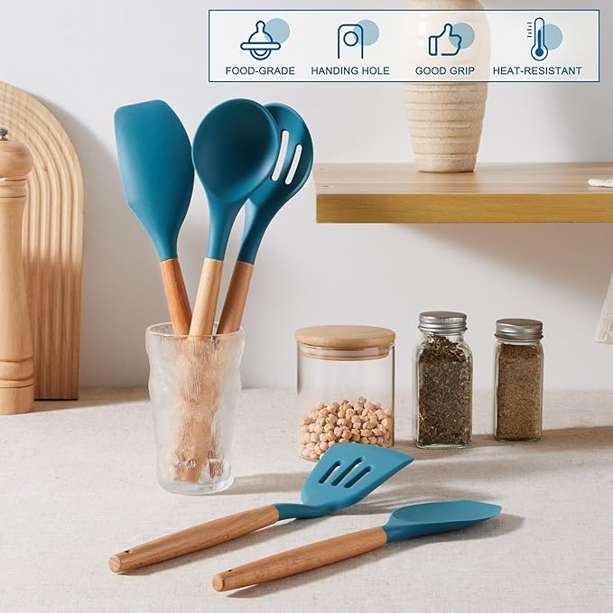 E-far Silicone Cooking Utensils Set, 5-Piece Kitchen Utensils Set with Wooden Handle for Cooking, Silicone Kitchen Nonstick Tools Spatula Turner Slotted Spoons, Nontoxic & Heat Resistant-Blue
