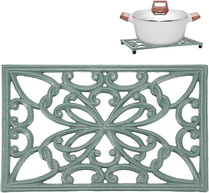 Sumnacon Cast Iron Trivet Heat Resistant Iron Trivets for Hot Dish Pot Pan Plate Teapot, Rustic Cast Iron Trivets for Cooktop Kitchen Dining Table, Rectangle Metal Trivet with Rubber Feets, Green