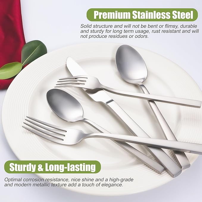 Forged Silverware Set for 8, 40-Piece Stainless Steel Matte Satin Finish Flatware Set Silverware Cutlery Set Tableware Modern Kitchen Utensils Set for Home Restaurant, Dishwasher Safe