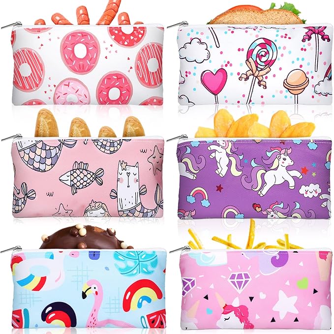 Chumia 6 Pcs Reusable Snack Bags Christmas Gifts Food Safety Washable Snack Bags Lunch with Zipper Portable Sandwich Bag Food Storage Pouch Double Layer(Fresh,6.9 x 3.7 Inches)