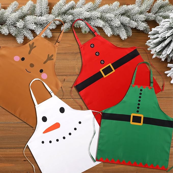 Ramede 4 Set Christmas Apron Adjustable and Headbands Christmas Kitchen Santa Cooking Aprons Xmas BBQ Snowman Funny Chef Set for Women Men Costume Gifts Accessories Headwear Party Favors