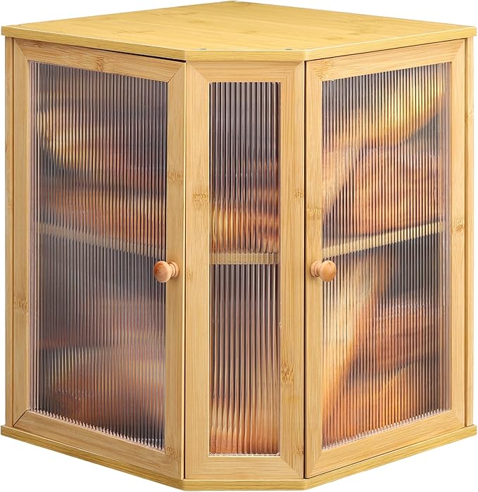 Corner Bread Box for Kitchen Countertop - Bamboo Large Capacity Bread Storage Bin with Acrylic Wavy Door Panel,Double Door Bread Organizers (Natural)