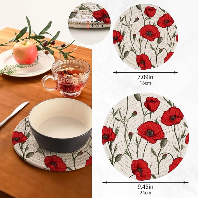 Red Poppies Kitchen Trivets Pot Holders Set of 2, Trivets for Hot Pots Dishes Woven Trivet Coaster Pad Mat for Counter