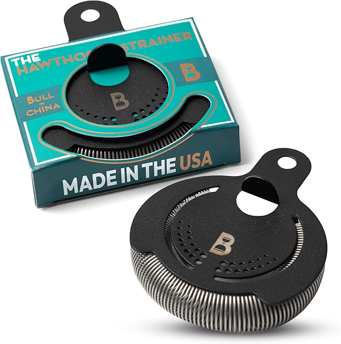 Hawthorne Strainer by Bull in China In Matte Black- Made In USA - High Density Spring Cocktail Strainer for Boston Shakers and Mixing Glasses for Bars & Bartenders (Matte Black)