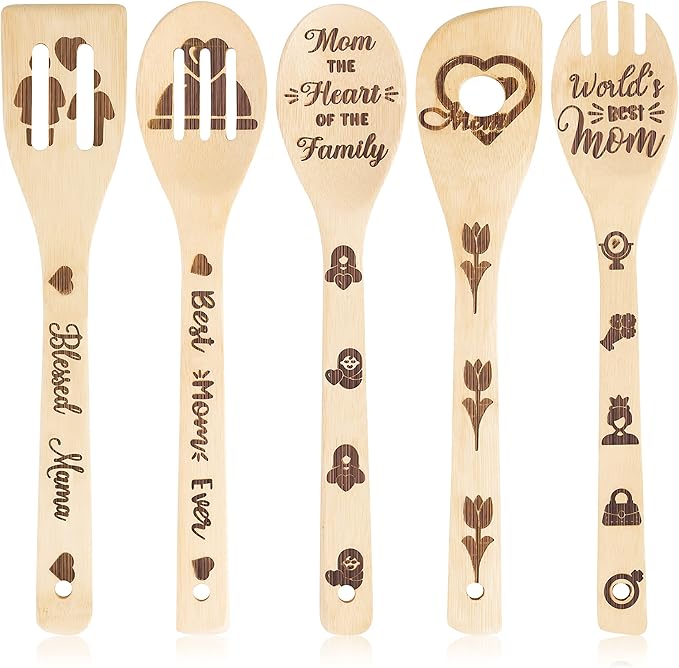 Eartim Mother's Day Wooden Spoons Utensils - 5Pcs Non-Stick Cooking Spoon Utensils Set Carve Burned Bamboo Spoons Slotted Spatula Kitchen Cookware Gadget Decor Kit Mother's Day Mom's Birthday Gift