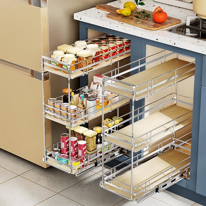 ROOMTEC 3-Tier Pull Out Cabinet Organizer Spice Rack for Narrow Cabinet 8" W x 20½" D, Slide Out Wood Shelves Storage for Kitchen