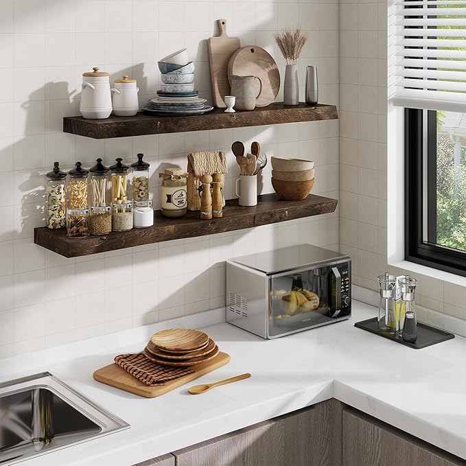 Floating Shelves, 8" Deep Rustic Solid Wood Wall Mounted Floating Shelves, Wall Shelves with Invisible Bracket for Living Room Bathroom Bedroom Kitchen, 36 Inch Set of 2, Walnut