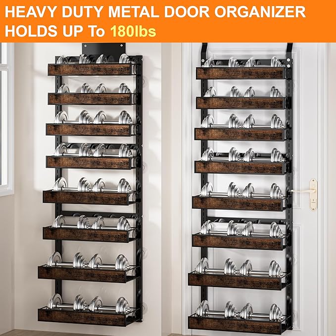 Over The Door Pantry Orangizer,8 Tier Wall Mounted Hanging Spice Rack with Adjustable Wood Basket,Metal Behind Door Storage Shelf for Kitchen Pantry and Bathroom