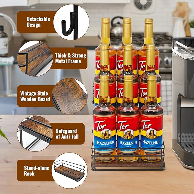 9 Bottle Coffee Syrup Organizer Rack, 3 Tier Coffee Syrup Bottle Stand Holder for Coffee Bar, Installation-free, Liquor Bottle Display Shelf, Coffee Syrup Shelf for Liquor Whiskey Wine Display