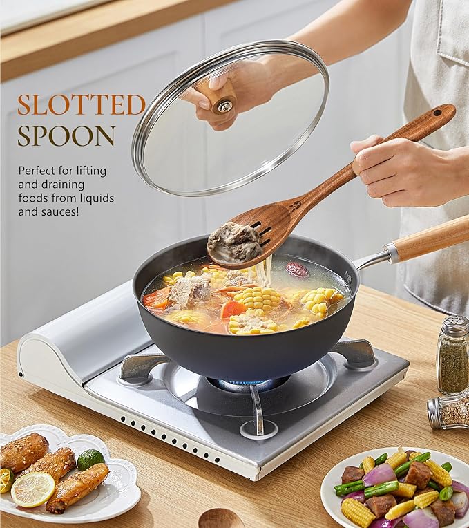 Wooden Slotted Spoons for Cooking, Good Grips Large Wooden Slotted Spoon, Natural Premium Teak Spoons Spatula, Heat Resistant Cooking Utensils for Nonstick Cookware, Serving and Mixing