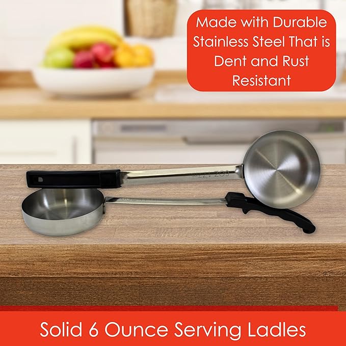 6 Ounce Solid Stainless Steel Portion Control Ladle Spoon for Measuring and Serving; Commercial Grade Serving Scoops [Pack of 2]