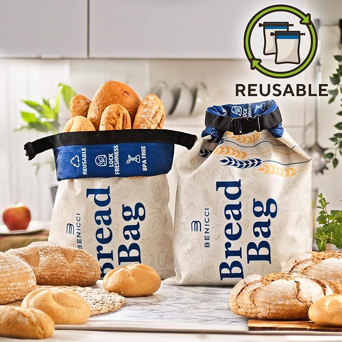 2 Pack Reusable Bread Bags - Perfect To Store Homemade Sourdough Loaf Breads - Special Double-Lock for Longer Freshness - Extra Large Food-Grade Bags - Freezer-Safe Bags for Bread Lovers