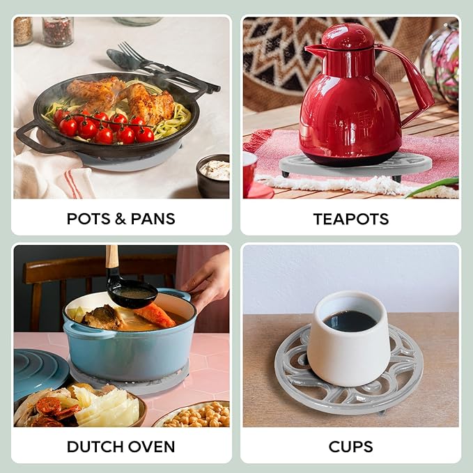 JOGREFUL Cast Iron Trivet Mats, Kitchen Pot Holders to Portect Table/Countertops, Heat Resistant Mats for Teapot/Hot Dishers/Plates, Vintage Mats with Weighted-Base, Vine Pattern, Gray