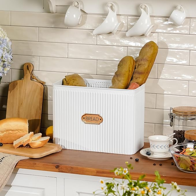 Extra Large Bread Box for Kitchen Countertop Corner Breadbox for Homemade Bread Metal White Vertical Stripe Pattern Embossed Storage Container Bin with Bamboo Lid Fits 2 Loaves of Bread