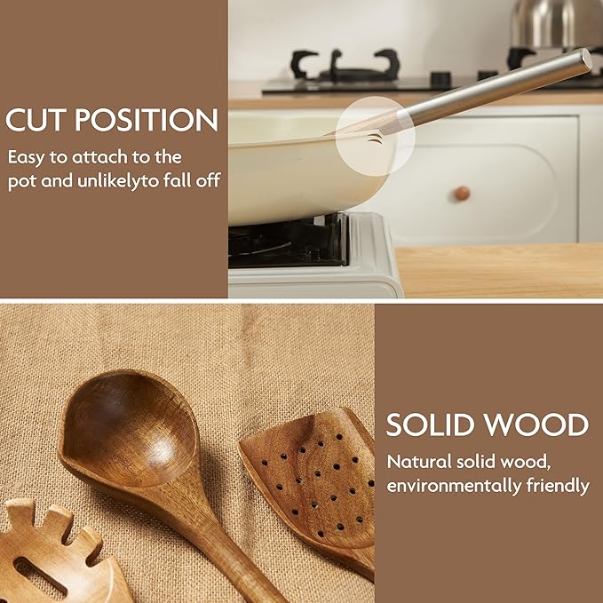 4 PCS Acacia Wood Cooking Utensils Set with Magnetic Hanging Handles Stainless Steel, Heat-Resistant Multi Function Cooking Tools