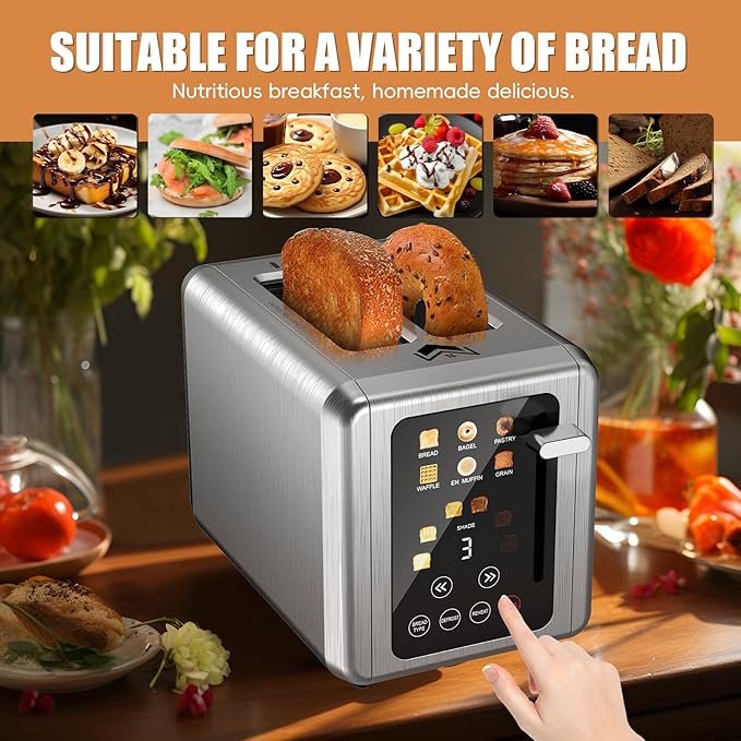 2 Slice Toaster,Touchscreen & Dual Independent Control Panel,5 Basic Functions & Digital Countdown Toasters,6 Shade Settings＆6 Bread Types,Smart Bread Maker Mute/Screen-Off,Platinum