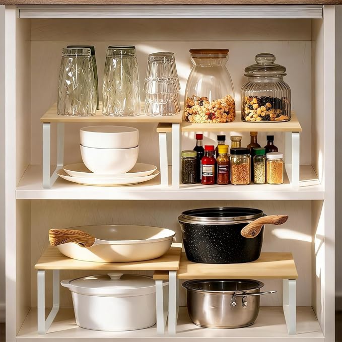 JMLHMXC Cabinet Storage Rack, 2-Piece Kitchen Countertop Shelf, Kitchen Storage Rack, Spice Rack, Stackable, Expandable - White Legs