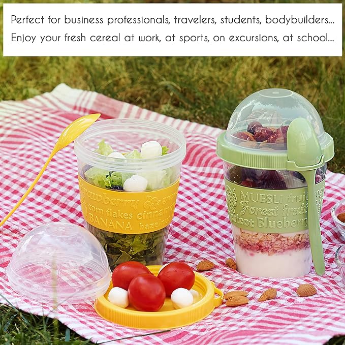 Crystalia 4 Pack 20 oz On The Go Yogurt Parfait Cups with Lids & Spoons, BPA FREE Reusable Yogurt Containers, Take and Go Yogurt Cup with Topping Cereal or Oatmeal Container, Colorful Set