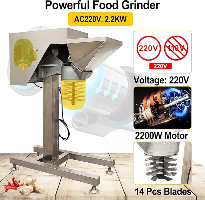 TECHTONGDA Fruit Vegetables Grinder Crusher Tomato Paste Making Machine Commercial Food Processor Chili Ginger Garlic Chopper 220V with Inlet Dia 8.27 Inch for Crushing Grinding Fruits & Vegetables