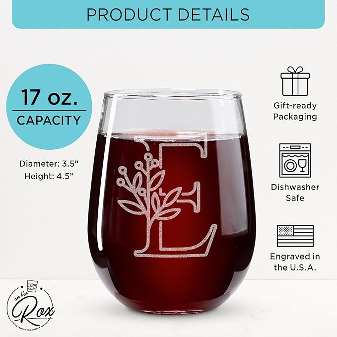 On The Rox Drinks Monogrammed Gifts For Women and Men - Letter A-Z Initial Engraved Monogram Stemless Wine Glass - 17 Oz Personalized Wine Gifts For Women and Men (E)